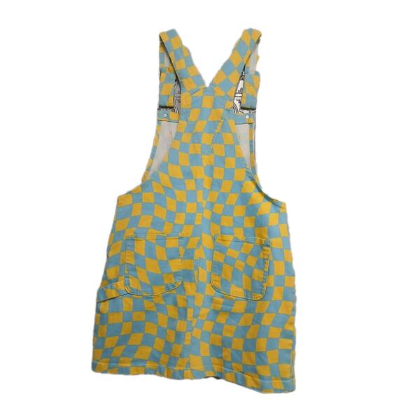 Forever 21 Denim Overall Dress Women Sz L Blue Yellow Check Stretch Mini Skirt - Picture 5 of 16